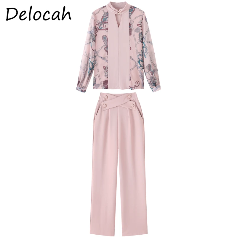 

Delocah New 2021 Summer Women Fashion RunwayPants Set Lantern Sleeve Loose Chiffon Shirts + High Waist Pink Printed Long Pants