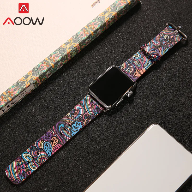 Кожаный ремешок для часов Apple Watch 38 мм 42 мм 40 мм 44 мм цветочный ремешок с цветочным принтом Национальный стиль браслет для iwatch 1 2 3 4