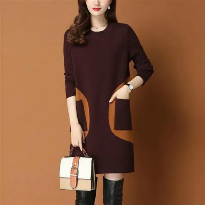 

Mid-length Sweater Women's Pullover 2021 New Autumn and Winter 3D Pocket Color Matching Cover Belly Simple Knitted Base Skirt
