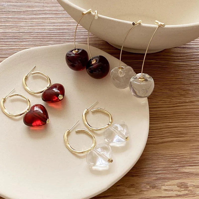 Женские Прозрачные Серьги подвески AOMU в форме сердца и вишни из красной смолы
