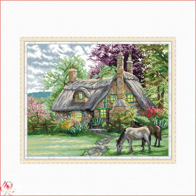 

Horse And Flower Villa Cross Stitch Kits DIY Landscape Pattern 14CT 11CT Embroidery Sets Needlework Home Deco Craft Painting