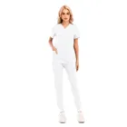 Женский комплект из двух предметов, однотонный топ и брюки, летний костюм с коротким рукавом и V-образным вырезом, Рабочая Униформа с карманами # T3G