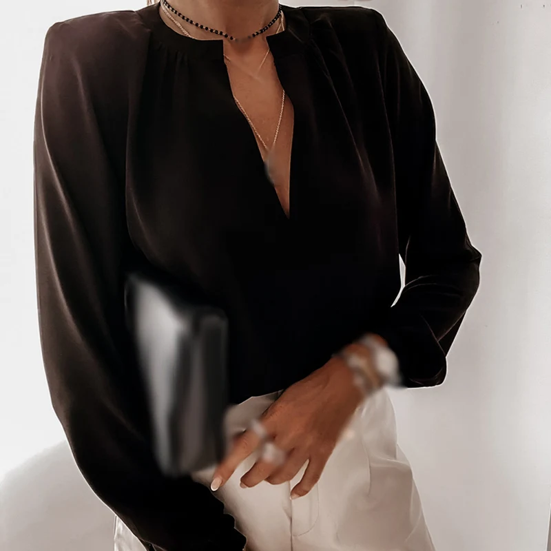 

Autumn Pink V-Neck Pleated Women's Blouses Long Sleeve Loose Female Blouse 2021 New Fashion Elegant Office Ladies Tops Clothes