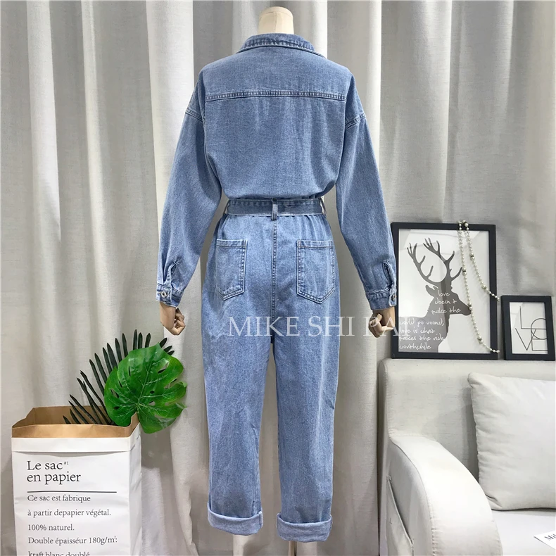 2020 New Korean Solid Color Loose Denim Jumpsuit Cowboy Pants Women's Spring Long Sleeve Full Length Playsuit Rompers