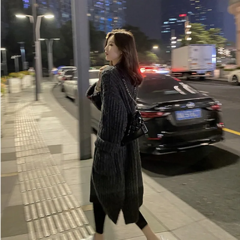 

Sweater Women Autumn Knitted Cardigan Fashion Elegant Long Sleeve Loose Pockets Open Stitch Knitwear Sueter De Mujer Long Coat
