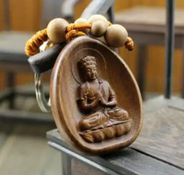 

Wood Carved Chinese Dari Kwan Yin Buddha Statue Pendant Key Chain