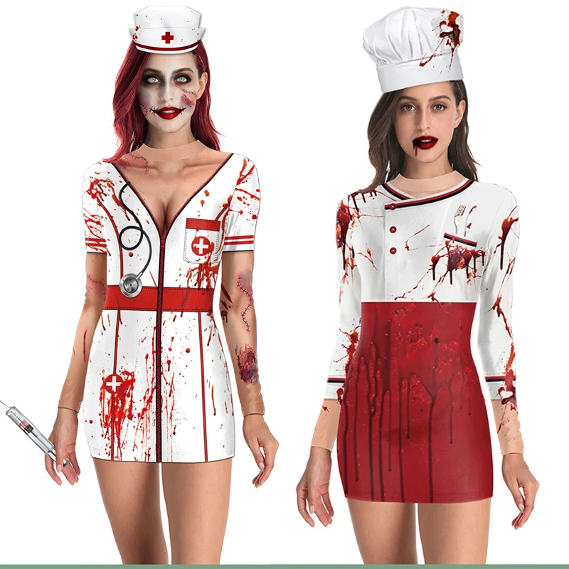 

Women Carnival Scary Ghost Nurse Uniform Bloody Print Dress Tight Skirt Halloween Party Horror Vampire Zombie Cosplay Costume