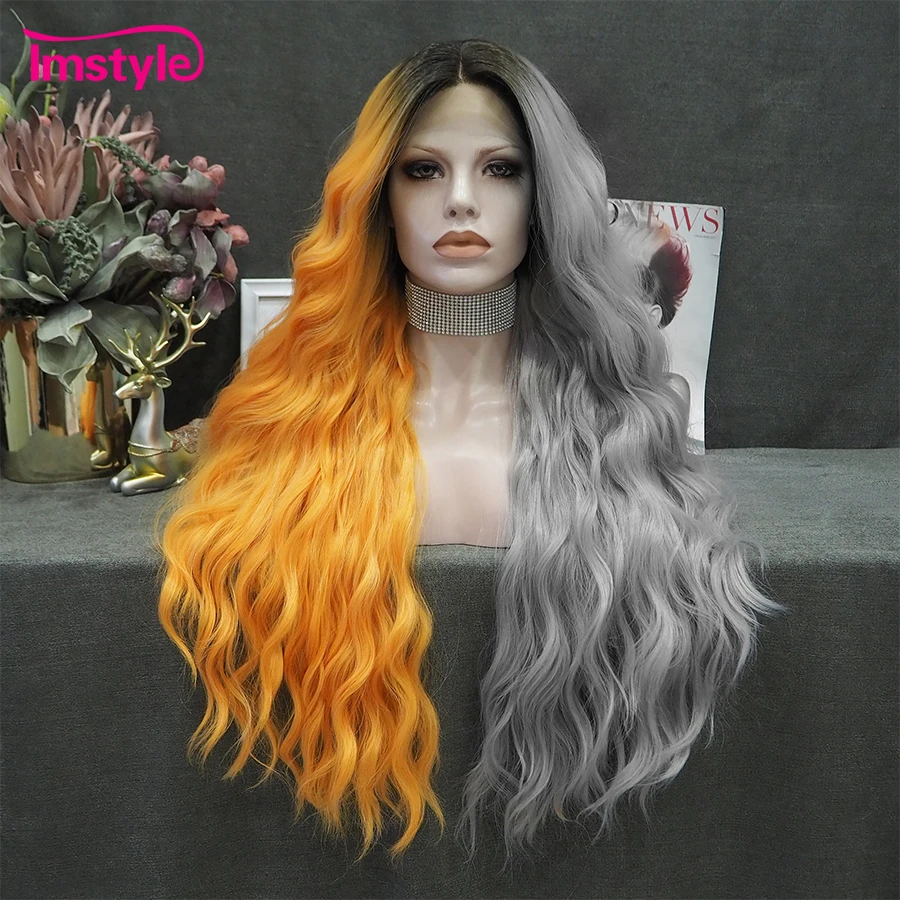 

Imstyle Long Wig Half Grey Half Orange Synthetic Lace Front Wig Heat Resistant Fiber Deep Wave Lace Wigs For Women Cosplay Wig