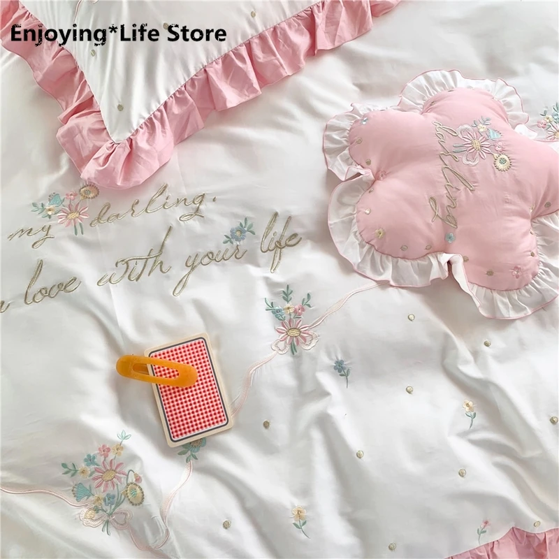 

4/7pcs Egyptian Cotton Duvet Cover Sets King Queen Size Flowers Bedding Sets Pillowcases Embroidery Bed Cover Bed Linen