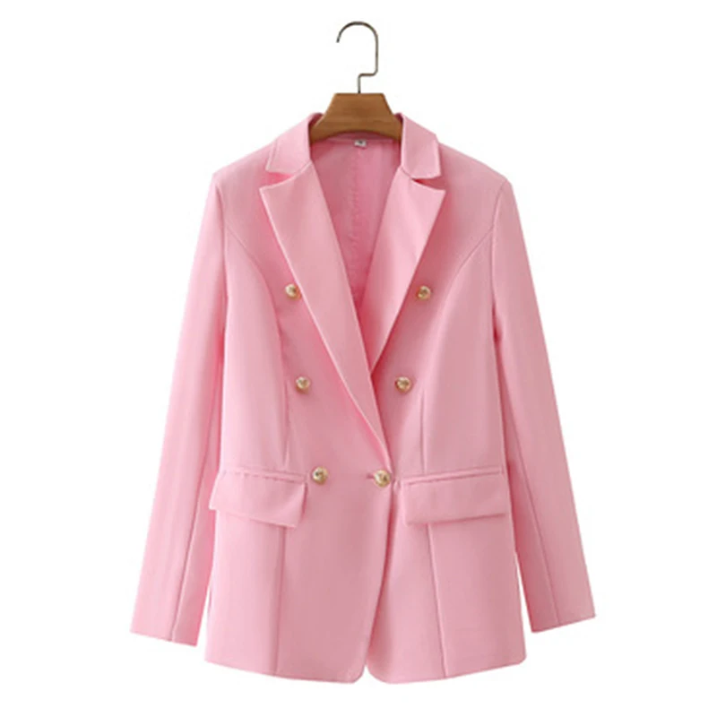 

New Pink Blazer Women 2021 Slim Blazer Jacket Female Double Breasted Metal Lion Buttons Women Blazers and Jackets White