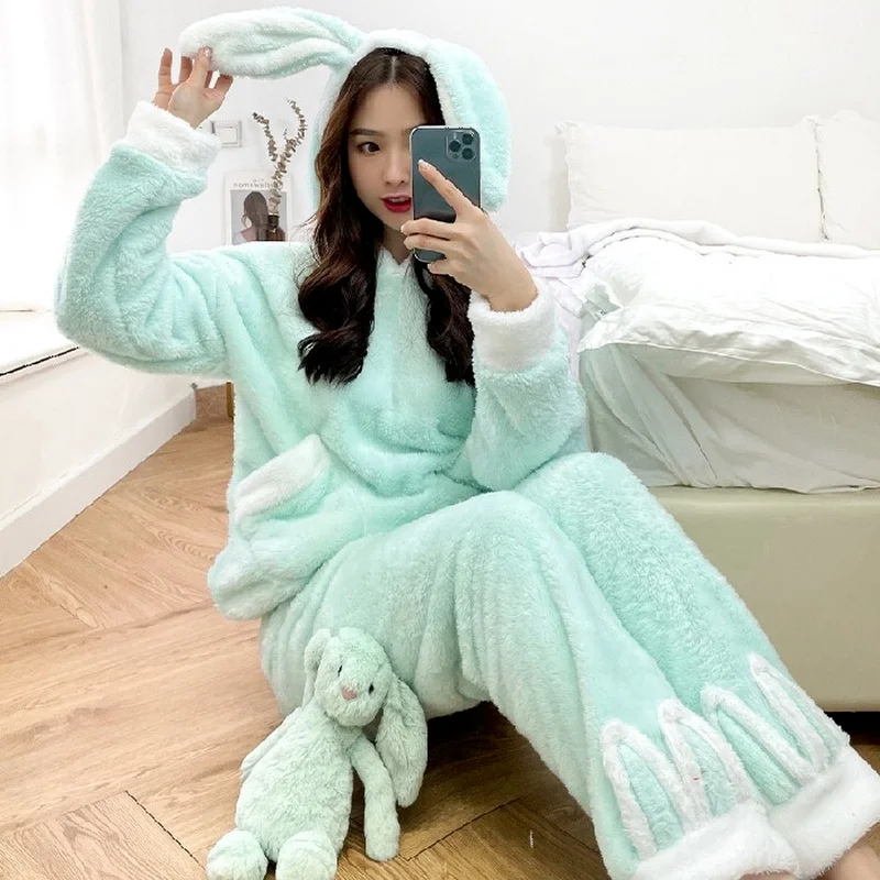 

Фланелевая пижама с капюшоном, зимняя теплая Пижама, милая мультяшная Пижама, домашний сервис, комплект из 2 предметов, сексуальная пижама д...