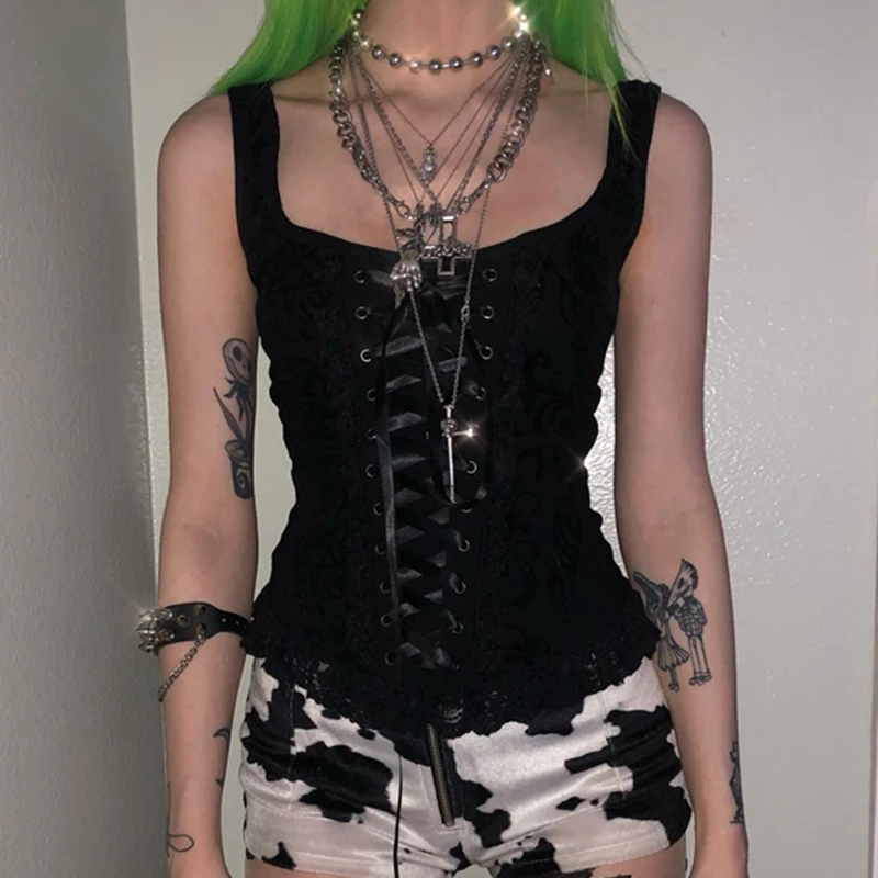 Harajuku Gothic Grunge Lace Up Corset Top Vintage Bustier Cami Top Women Black Mini Vest Y2K Fairy Grunge Aesthetic Clothing