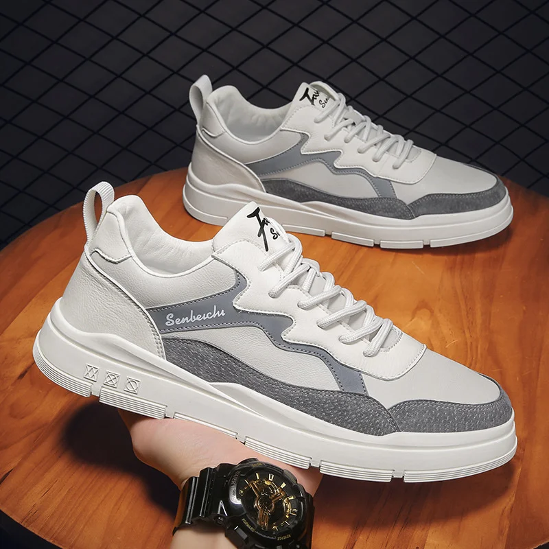 

Мужские кроссовки из натуральной кожи, повседневная обувь в европейском стиле, на шнуровке, низкие, на плоской подошве, в стиле пэчворк, весн...