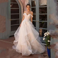 luxury a line wedding dresses lace 3d three dimensional applique tube top backless charming gowns delicate layered tulle ruffle