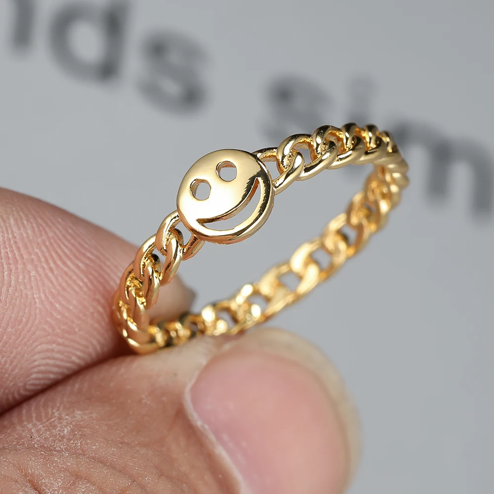 

Punk Smile Face Link Chain Ring for Women Gold Silver Color Creative Birthday Wedding Ring Jewelry Size 6 7 8 9 10