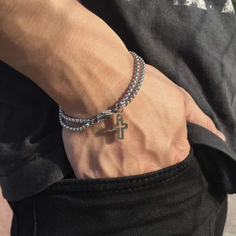 

European and American Style Cross Hollow Double Chain Cross Men's Stainless Steel Bracelet Double Fashion Bracelet