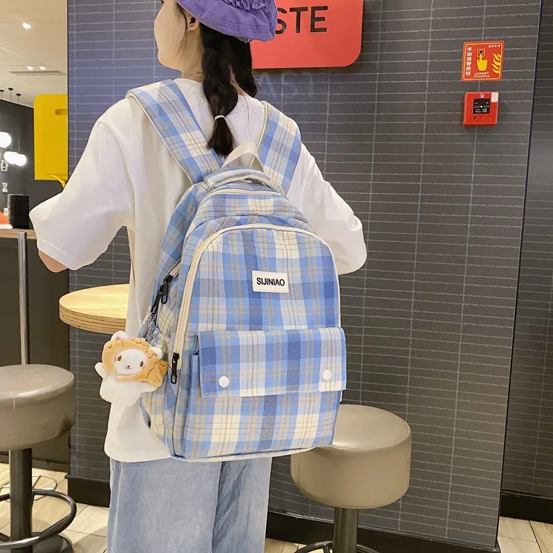 Корейская мода 2021, женская школьная сумка, рюкзак из хлопчатобумажной ткани в клетку, вместительные уличные дорожные рюкзаки, рюкзак