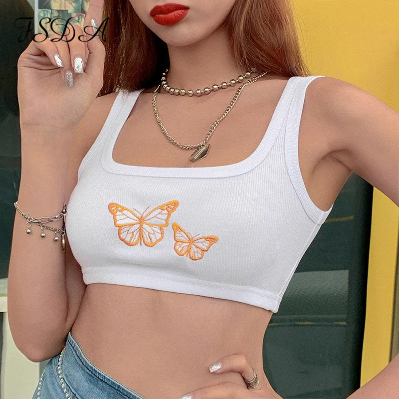 Женский укороченный топ с бабочками FSDA Белый Трикотажный базовый без рукавов
