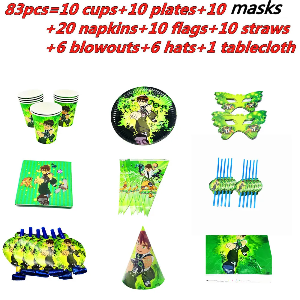 

83Pcs Ben 10 Theme Cup Plate Napkin Flag Kid Birthday Party Decoration Party Event Supplies Favor Items for Kids 10 People Use