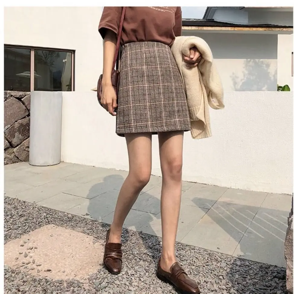 Женская элегантная твидовая клетчатая мини юбка гусиные лапки с клетчатой