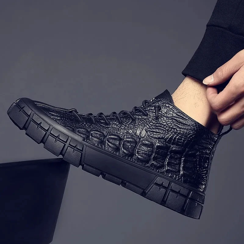 

High Quality Men PU Leather Short Boots Man Fashion Black Crocodile Pattern Lace up Ankle Booties Males Autumn Winter Plush Boot