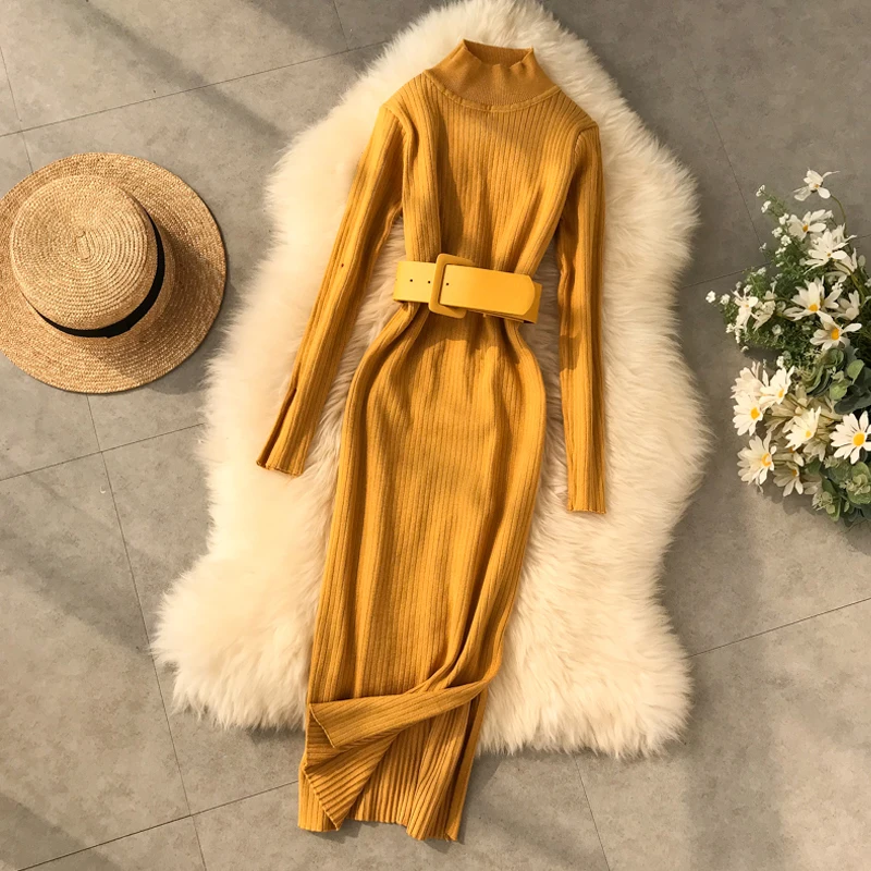 Женское трикотажное платье свитер YuooMuoo плотное облегающее водолазка в Корейском