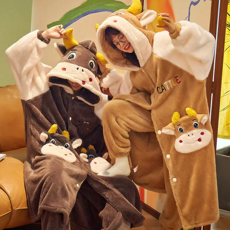 Winter Cute Cartoon Pajama Set Couple Onesie Women's Home WearWomen Pajamas Sleepwear Women Pajama Woman Robe Set