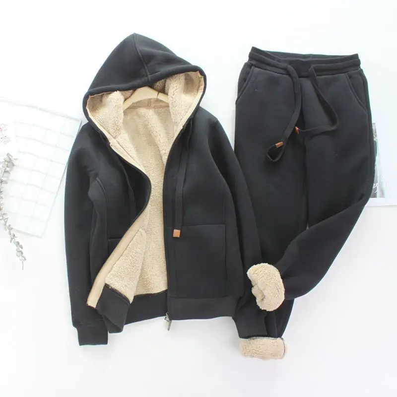 

Winter Plus Velvet Thickening Hoodies Two Piece Set Womans Tracksuits Pants Thick Warm Clothes Womens Solid Color Jacket Suit