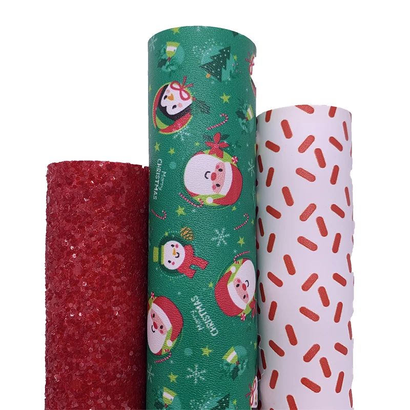 3PCS/SET Christmas Red Glitter Vinyl Fabric Matching with Santa Claus Printed Faux Leather For Bows Earrings DIY 21X29CM Q129