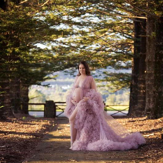 2020 Bridal Pink Tulle Maternity Robes Sheer See Through Fluffy Tulle Maternity Dress Long Sleeve Women Tulle Dressing Gown