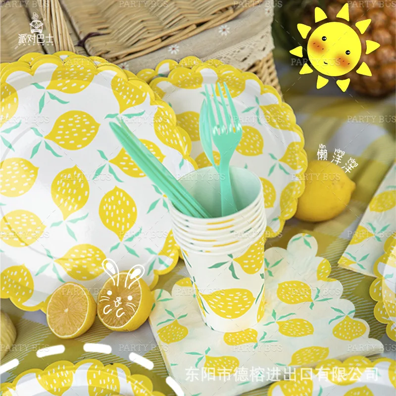 

Одноразовая посуда, новая летняя фигурка лимона, Одноразовая бумажная тарелка, тарелка для торта, чашка, набор посуды, товары для вечерние