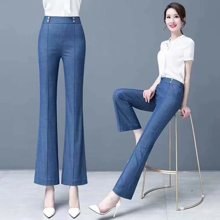 

Women Casual Thin Tencel Flare Jeans Pants 2021 New Street Fashion Office Lady High Waist Denim Trousers Plus Size 4XL