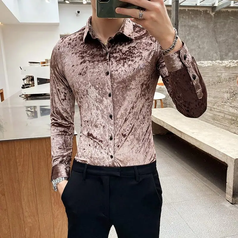 

Quality Luxury Soft pleuche Shirts Material Men Fashion Slim Fit Shirt Men's Retro Trend Long sleeved Camisa Masculina Shirt