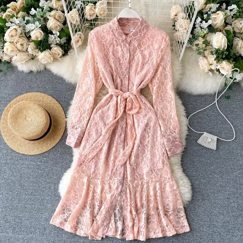 

New women's sweet lace dress bandage waist Lapel single breasted elegant party dress autumn French commuter dress