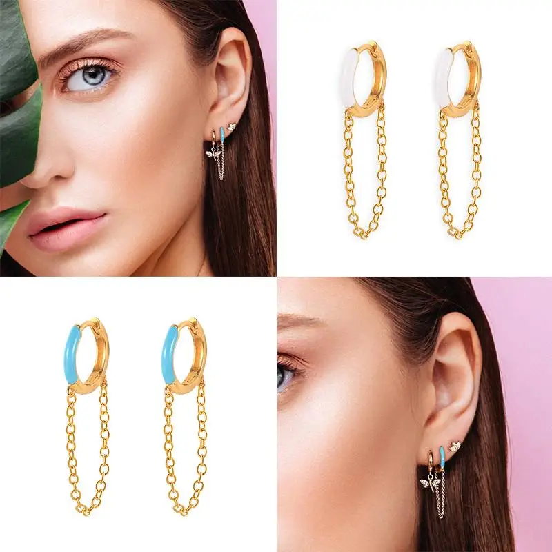 

925 Sterling Silver Minimalist Chain Pendant Hoop Earrings for Women Enamel Epoxy Earrings Trendy Females Jewelry Accessories