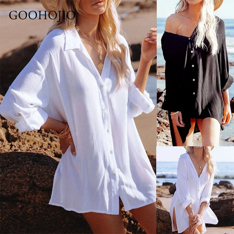 

Новинка 2021, весенне-осенняя Повседневная рубашка GOOHOJIO, женская модная Однотонная рубашка для женщин, женская рубашка оверсайз с длинным рук...