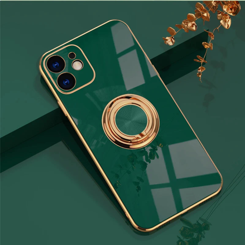 

Luxury Plating Silicone Case For iPhone 12 11 Pro Xs Max 12 Mini SE X XR 7 8 Plus Plain Metal Ring Holder Stand Soft Phone Cover