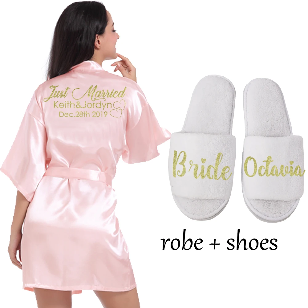 Lightpink robe shoe Индивидуальный Логотип Weddin Дата имя искусственный шелк кимоно халат для женщин Свадебные невесты халаты девичник свадебная одежда - Цвет: Lightpink robe shoe