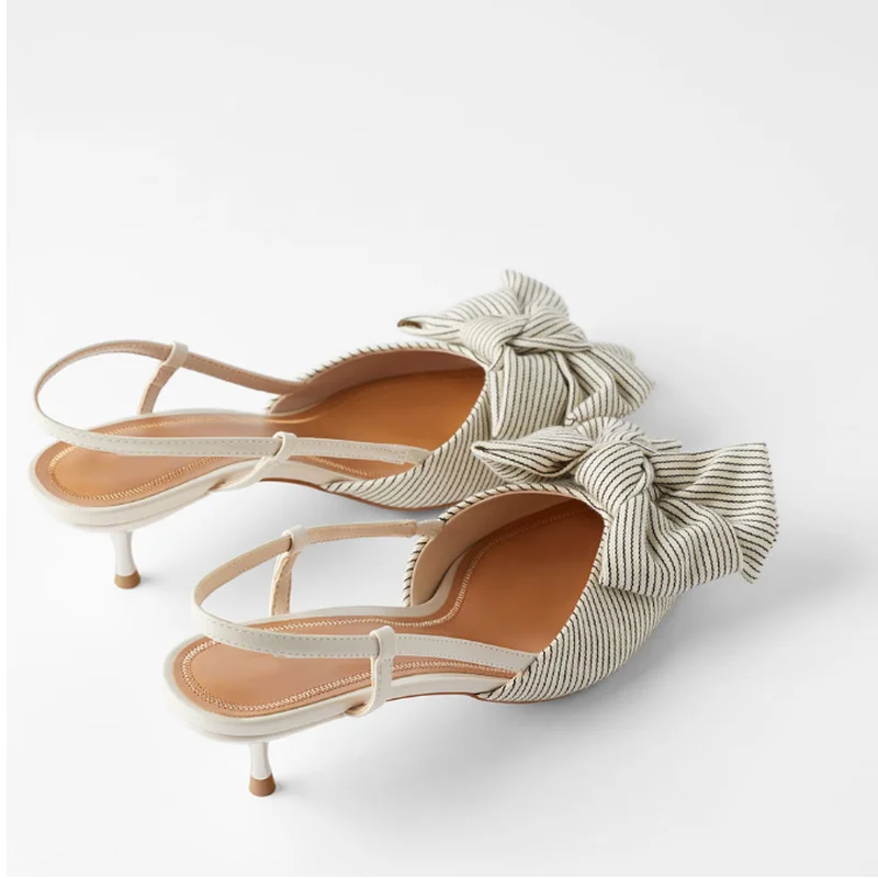

Summer New Womens Sandals Bow-knot Single Shoes White Decoration Striped Heels Wild Pointed Toe High Heels Women Shoes
