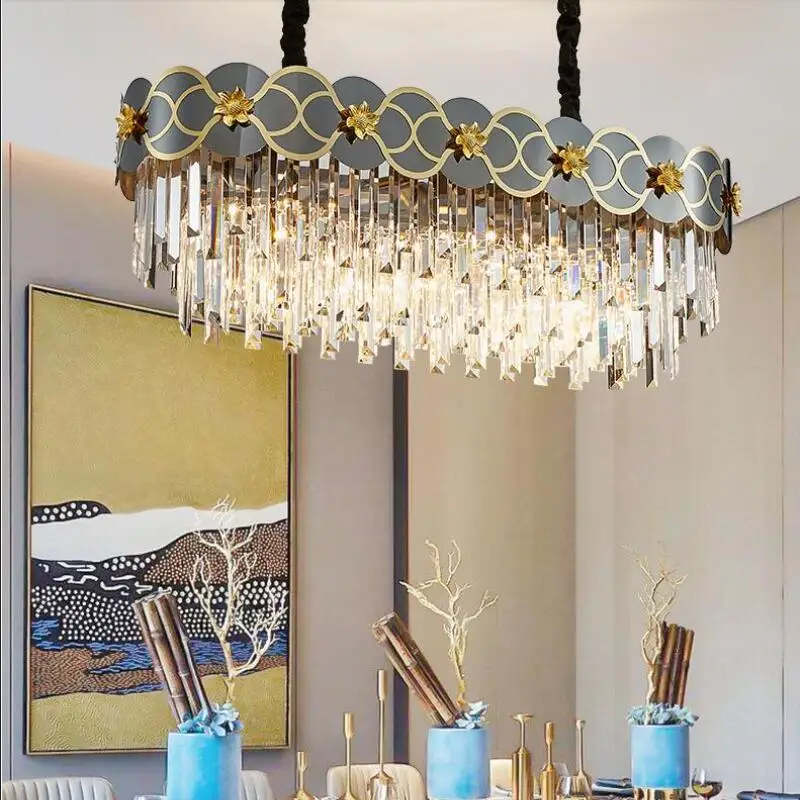 

Luxury rectangular crystal chandelier restaurant island LED chandelier Nordic fashion wedding decoration lighting