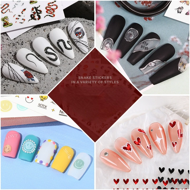 

3D Nail Art Sticker Decal Self Adhesive Black Colourful Snake Dragon Butterfly Star Heart Stickers for Nails Manicure Decoration