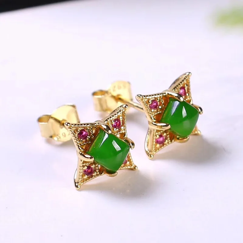 Jadery 925 пробы серебряные серьги-гвоздики 18 К позолота натуральная яшма нефрит