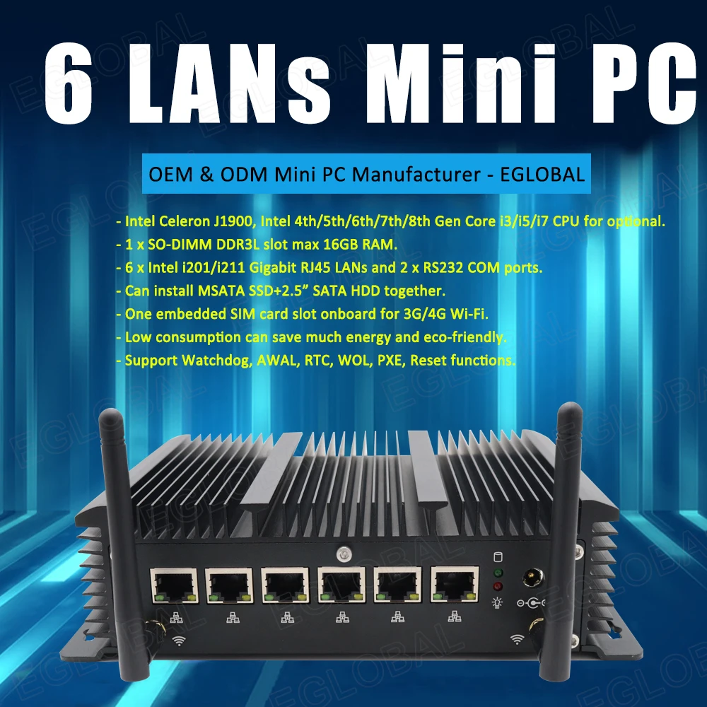 Безвентиляторный Pfsense Intel Core i5 7226U i3 7167U 3865U промышленный мини ПК 2 * RS232 6 lan 4 USB3.0