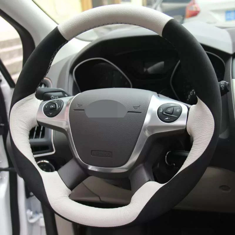 Cubiertas de volante de ante para coche Ford Focus 3 2012-2014 KUGA Escape 2013-2016, cuero genuino negro suave cosido a mano, bricolaje