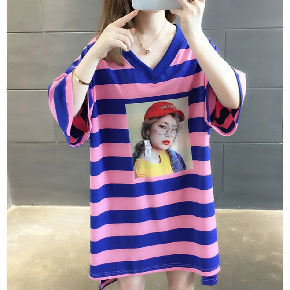 

Large size women's summer dress loose belly stripes long coat ins tide short sleeve T-shirt fat mm 100.00kg