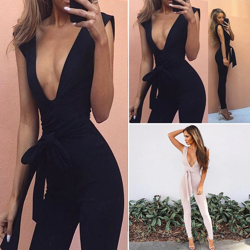 

Spring Summer Black Deep V Sexy Bodycon Casaul Jumpsuit Nightclub Evening Party Romper For Women