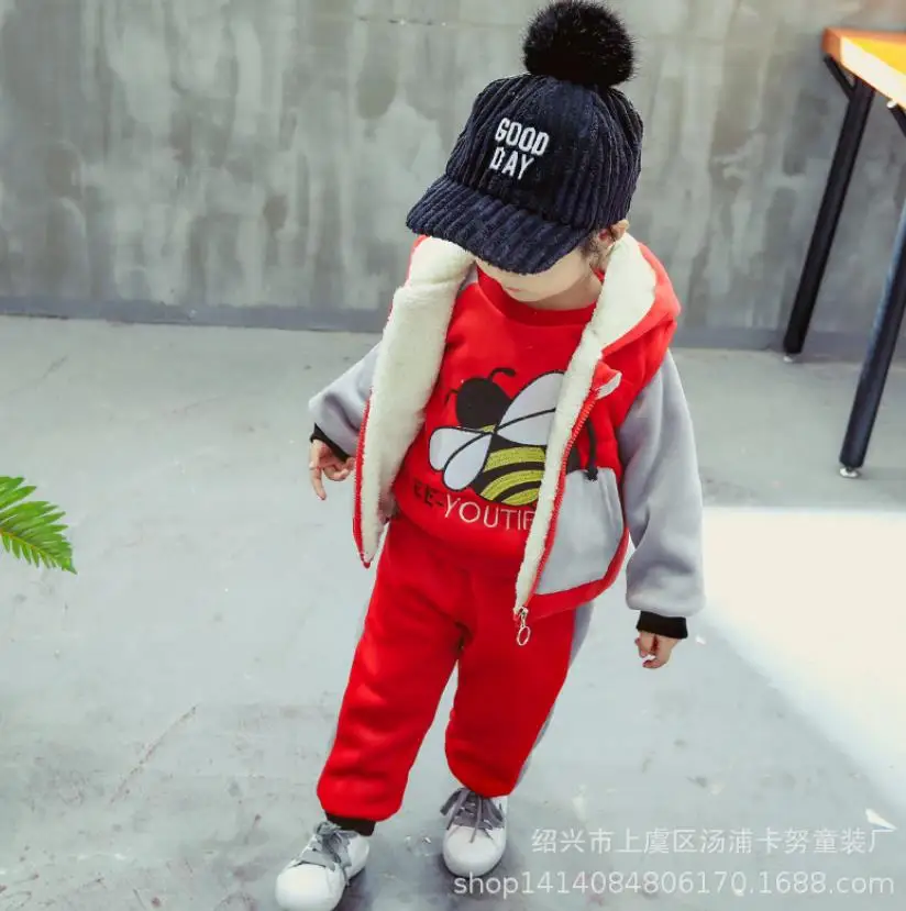Красный Baby Boys Girls Warm Set Winter Cartoon cat Kids Thickening Hooded Vest+Sweater+Pant Three-piece Sport Suits Children Clothing - Цвет: Красный