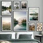 Озеро олень Восход лодка горы лес пейзаж настенная живопись Холст Плакаты и принты настенные картины для декора гостиной