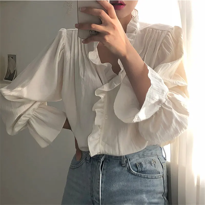 

White Ruffles Sweet Large Size Solid Shirts Streetwear 2020 Gentle Hot Sale High Quality Women Chic All Match Blouses