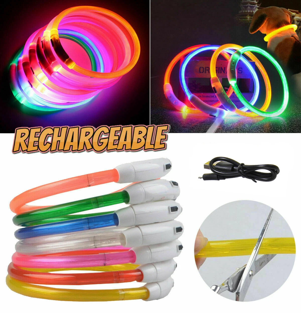 

7 Colors LED USB Dog Collar Rechargeable LED Night Safety Pet Dog Collars Tube Flashing Glow Glowing Luminous Night Lead